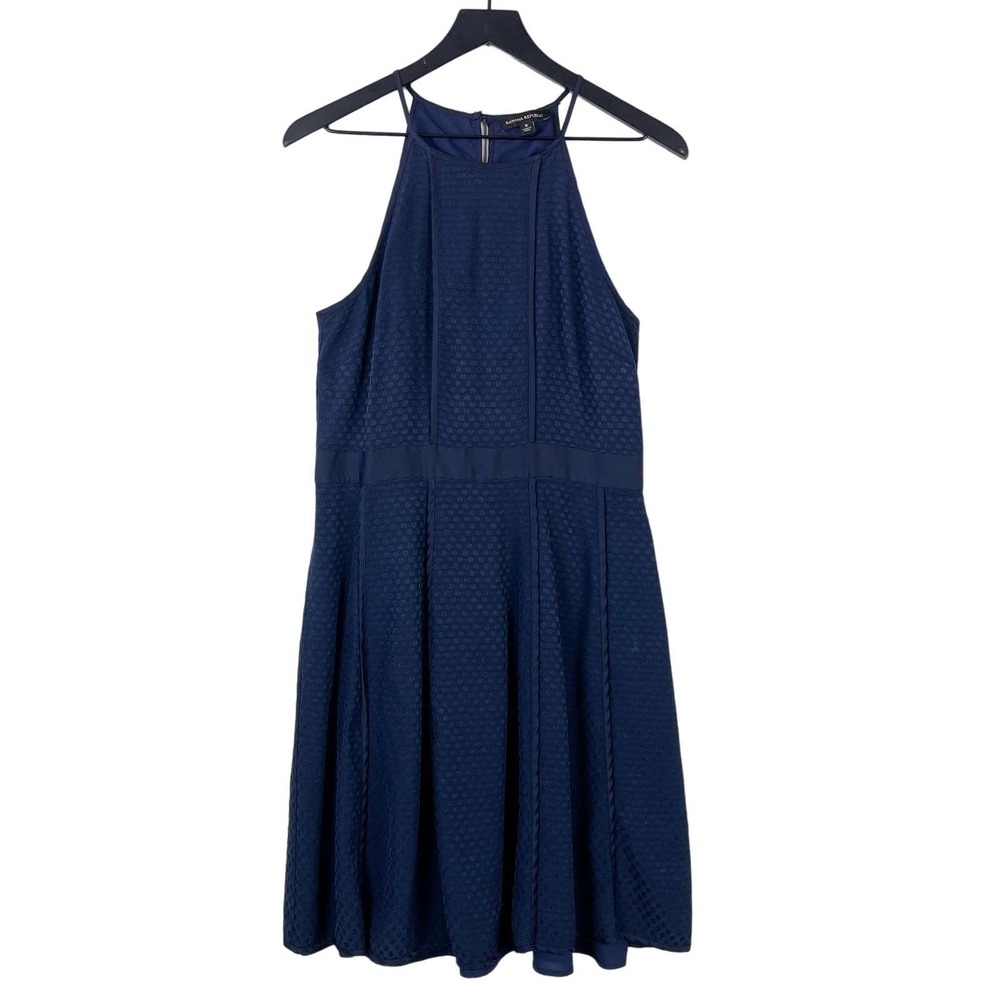 Banana Republic (8) Rayon Halter Knee Length Fit & Flare Dress Navy Blue Dots